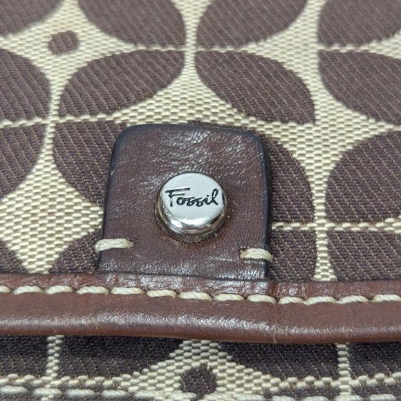 Fossil Canvas Brown Tan crossbody purse tote Signature - Picture 5 of 8